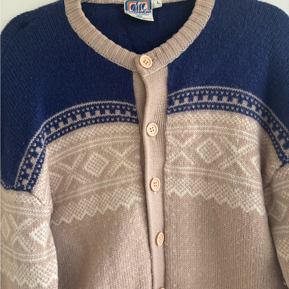Vintage ARC Actionwear Men’s Beige and Blue Nordic Wool Cardigan Sweater Size L - Picture 6 of 11